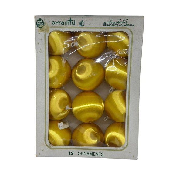 Vintage Pyramid Unbreakable Gold Ball Christmas Ornaments Satin Sheen 12 PCS Box - Picture 1 of 8